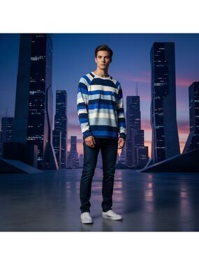 volcom men’s sweater blue striped size small crewneck